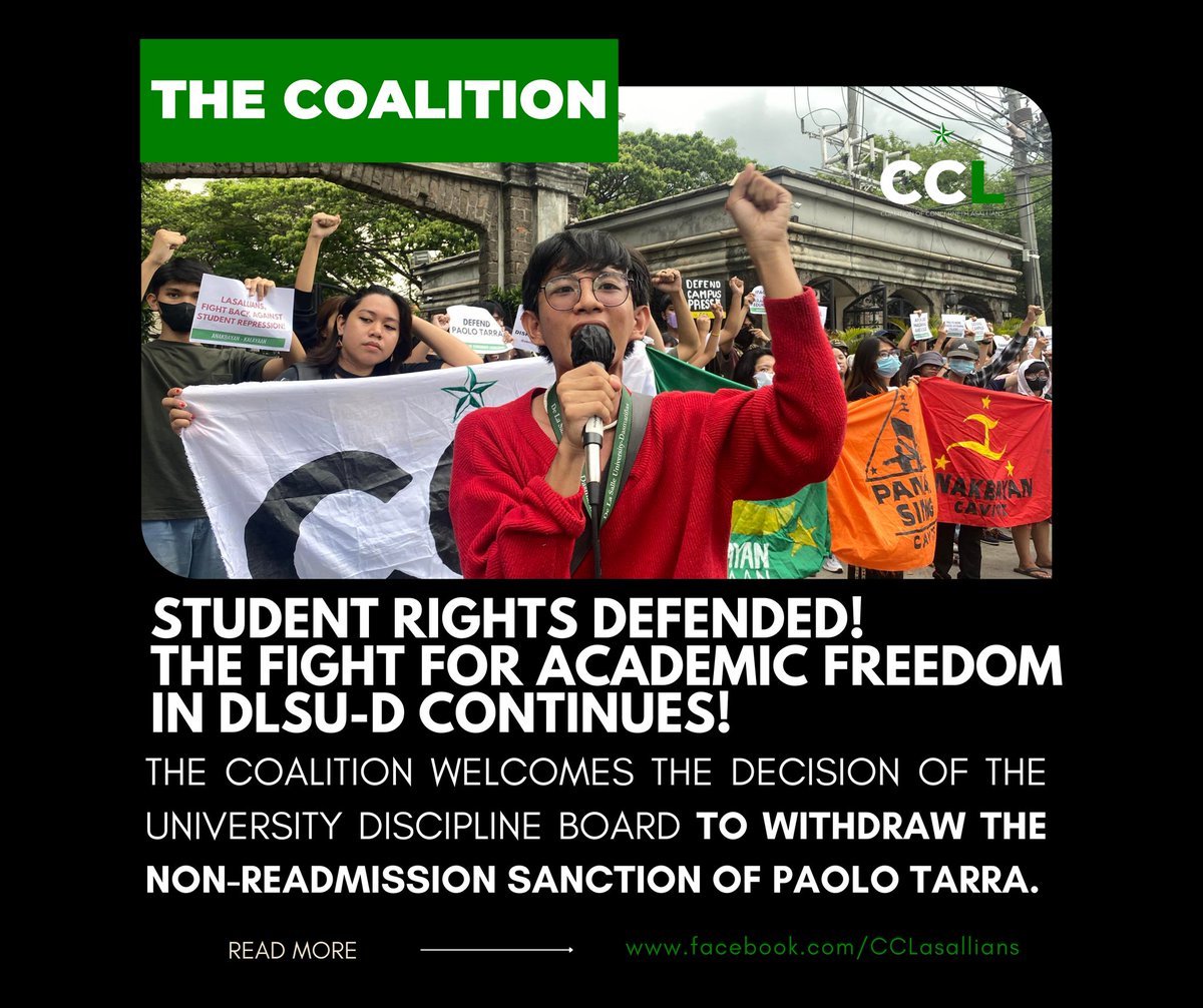 CCLasallians's tweet photo. The Coalition of Concerned Lasallians (CCL) welcomes the decision of the University Discipline Board (UDB) to withdraw the NON-READMISSION sanction issued by the Student Welfare and Formation Office (SWAFO) against our coordinator, Paolo Tarra.

READ BELOW FOR DETAILS https://t.co/rOtb47RMEr
