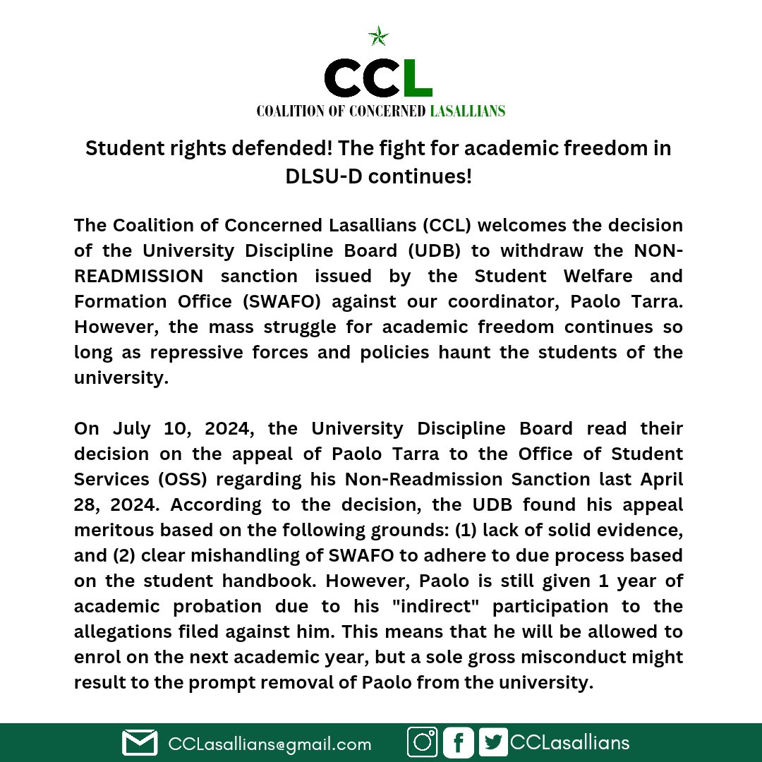 CCLasallians's tweet photo. #JunkMOANFSO
#ReviewTheStudentHandbook
#HandsOffPaoloTarra https://t.co/WKkB1zcX7P