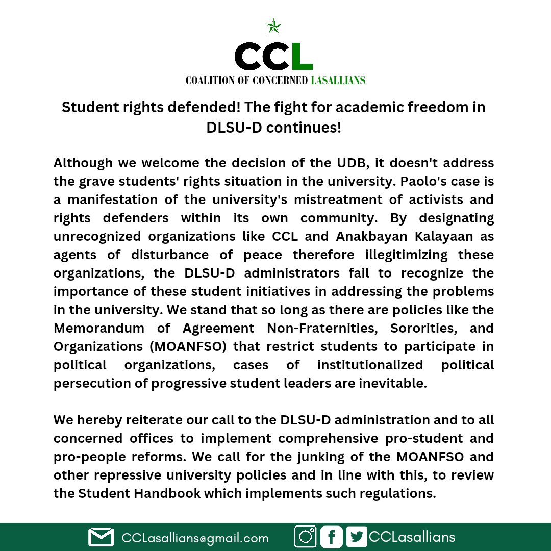 CCLasallians's tweet photo. #JunkMOANFSO
#ReviewTheStudentHandbook
#HandsOffPaoloTarra https://t.co/WKkB1zcX7P
