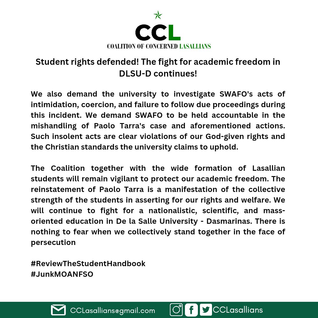 CCLasallians's tweet photo. #JunkMOANFSO
#ReviewTheStudentHandbook
#HandsOffPaoloTarra https://t.co/WKkB1zcX7P