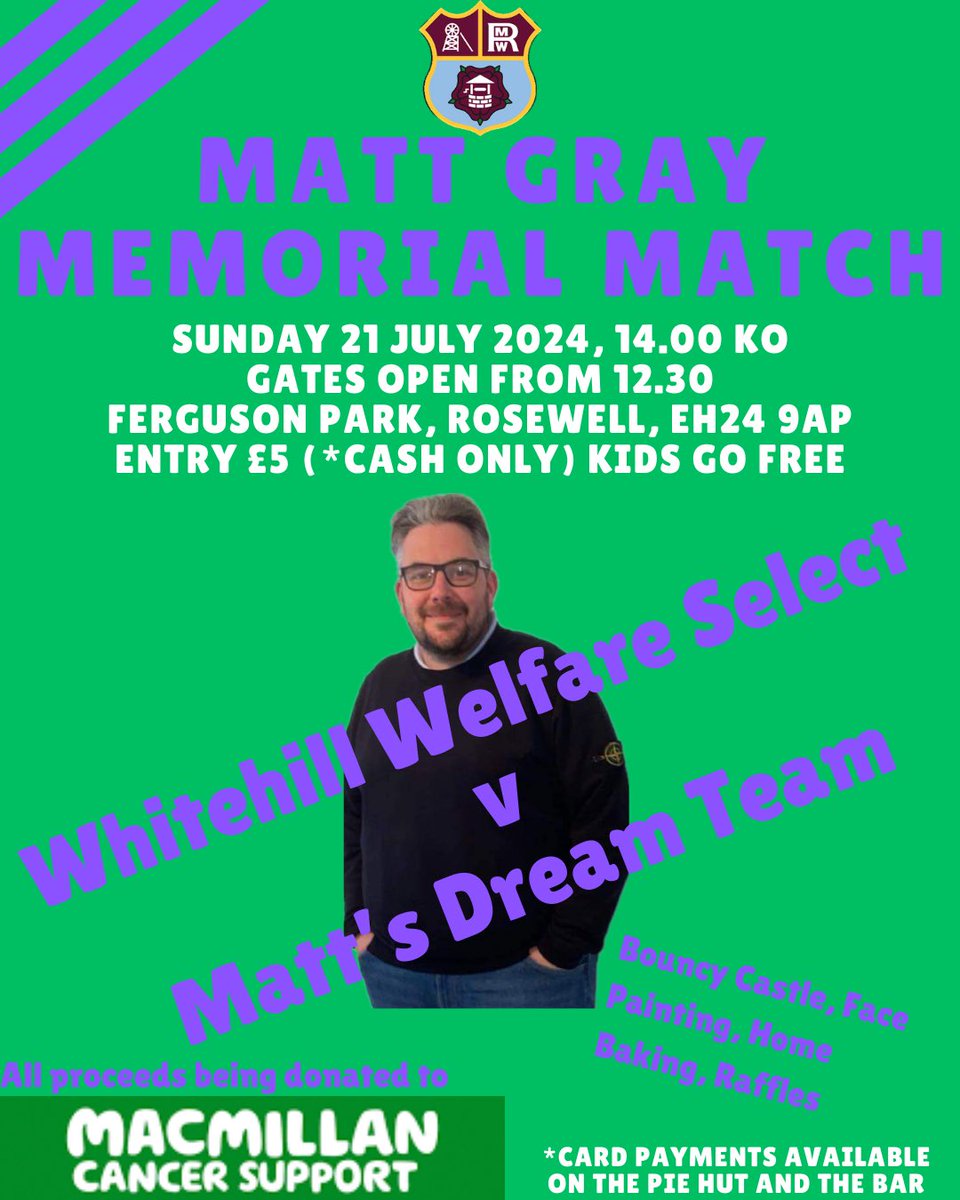 Matchday Info
🏆Matt Gray Memorial Match
🆚Matt’s Dream Team
📅Sunday 21 July
🕰️Gates open 12.30, Kick off 14.00
🏟️Ferguson Park, Rosewell, EH24 9AP
🎟️Adults £5 | U16’s FREE (cash only on gate)
🍻🥧 Pie Hut &amp; Bar open from 12.30 (cash or card)