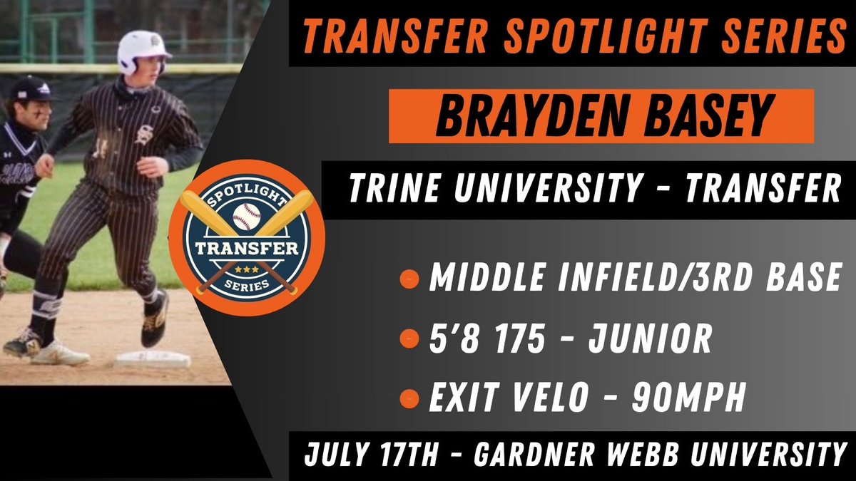 GameTime Showcase Series/Transfer Spotlight Series (@gametimerecruit) on Twitter photo Brayden Basey, Transfer,Trine University, exit velo 90mph in BP/Game. Showed ability to handle the stick, good plate awareness & aggressive approach. Smooth hands, good range & solid arm can play either MIF/3B. Dude is a baller, sign him
Interested Contact <a href="/BaseyBrayden/">Brayden Basey</a> or DM me Brayden Basey, Transfer,Trine University, exit velo 90mph in BP/Game. Showed ability to handle the stick, good plate awareness & aggressive approach. Smooth hands, good range & solid arm can play either MIF/3B. Dude is a baller, sign him
Interested Contact <a href="/BaseyBrayden/">Brayden Basey</a> or DM me