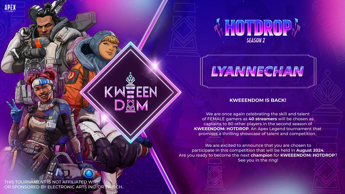 Last season I was a Captain but this season I'll be chillin' a bit 😆 Yaas! Thanks #Kweendom! I'm excited to be part of this community Apex Legends tournament again 🥹💖