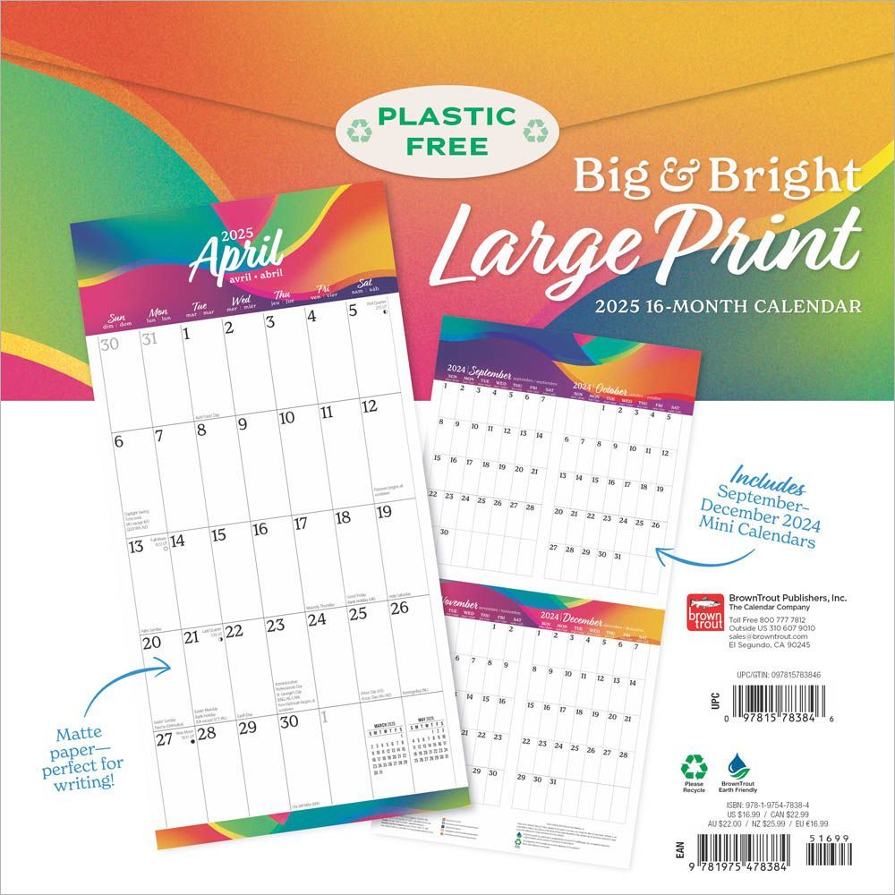 browntroutpub's tweet photo. This Big &amp; Bright Large Print #calendar features a #brightcolor design to complement your style. Interior month pages are are #largetext and #largenumbers for better clarity and easy reading. This calendar is ideal for those with low vision. #family #2025 https://t.co/t4dExb5PNR https://t.co/QCp3kcOWyv