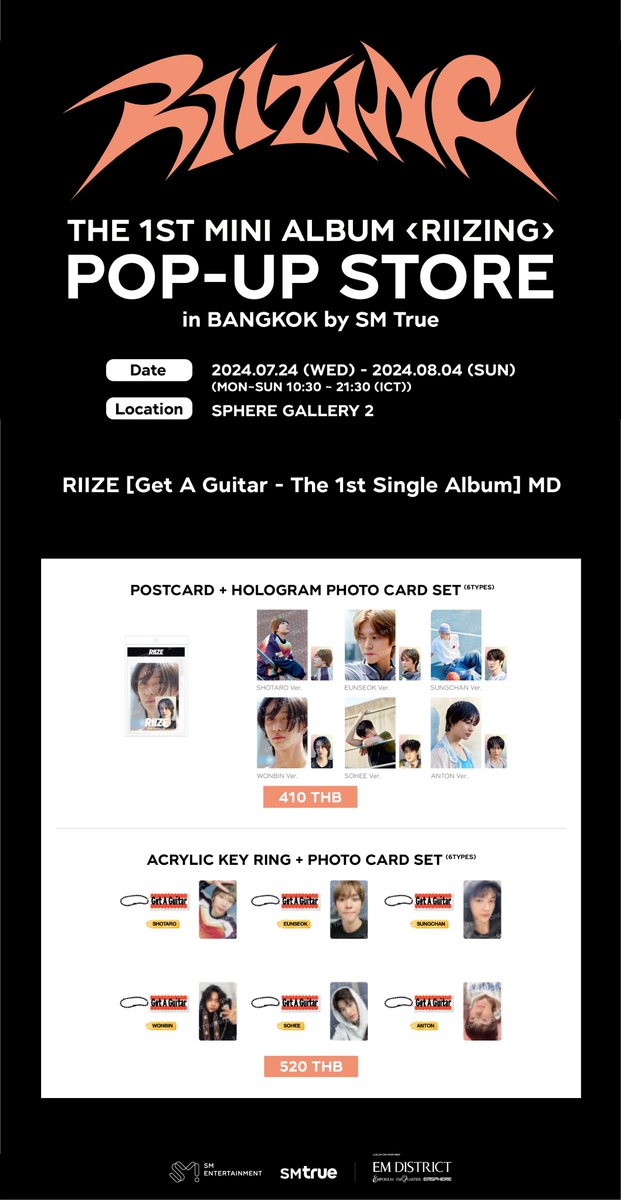 SMTrueThailand's tweet photo. 🧡 𝟮𝗻𝗱 𝗠𝗗 𝗟𝗜𝗡𝗘 𝗨𝗣 🧡
⠀⠀
THE 1ST MINI ALBUM <RIIZING> POP-UP STORE in BANGKOK by SM True
⠀
📅 วันและเวลาทำการของ POP-UP STORE :
⠀⠀
⠀⠀วันที่ 24 กรกฎาคม 2024 (พุธ) ~ วันที่ 4 สิงหาคม 2024 (อาทิตย์)
⠀⠀
⠀⠀เวลา 10:30 ~ 21:30 น. ของทุกวันทำการ
⠀
📍 สถานที่ตั้งของ POP-UP STORE :
⠀⠀
⠀⠀SPHERE GALLERY 2, ชั้น 2, EMSPHERE
⠀⠀
_______________________
⠀
💥 วิธีการชำระค่าสินค้า :
⠀
⠀⠀เงินสด
⠀⠀QR Code
⠀⠀บัตรเครดิต (สำหรับยอดชำระค่าสินค้าขั้นต่ำตั้งแต่ 3,000 บาทขึ้นไป) 
⠀⠀
_______________________
⠀
🎸 หมายเหตุ :
⠀⠀
⠀⠀1. สินค้า 2nd MD LINE UP ทุกรายการเป็นสินค้าออฟฟิเชียลที่นำเข้าจากประเทศเกาหลีใต้ (IMPORTED OFFICIAL MD) สำหรับ THE 1ST MINI ALBUM <RIIZING> POP-UP STORE in BANGKOK by SM True
⠀⠀
⠀⠀2. สินค้าทุกรายการมีจำนวนจำกัด
⠀⠀
⠀⠀3. ทาง SM True ขอสงวนสิทธิ์ในการไม่รับเปลี่ยน และ/หรือคืนสินค้า และ/หรือคืนเงินในทุกกรณี หลังจากที่ลูกค้าออกจาก POP-UP STORE ดังนั้น เมื่อทำการชำระเงินและได้รับสินค้าเรียบร้อยแล้ว กรุณาตรวจสอบสินค้าทุกชิ้น รวมถึงเงินทอนให้เรียบร้อยก่อนออกจาก POP-UP STORE
⠀⠀
⠀⠀4. ทาง SM True ขอสงวนสิทธิ์ในการงดออกใบเสร็จ และ/หรือใบกำกับภาษีเต็มรูปแบบ สำหรับสินค้าที่จำหน่ายที่ POP-UP STORE ในทุกกรณี
⠀⠀
_______________________
⠀
🔜 รอติดตาม 3rd MD LINE UP ได้เร็ว ๆ นี้ 🤩
⠀
#RIIZE #라이즈 @RIIZE_official
#RISEandREALIZE
#BoomBoomBass #RIIZE_BoomBoomBass
#RIIZE_RIIZING_POPUPinBKK
#RIIZING #SMTrue