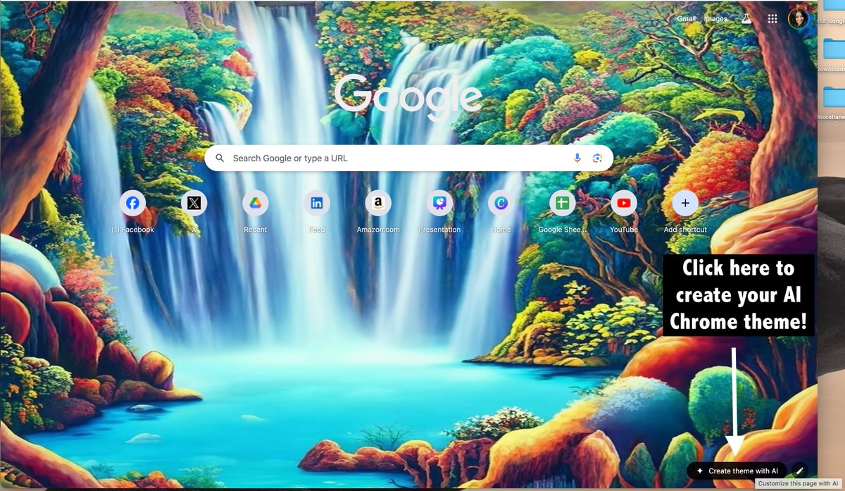 ShellTerrell's tweet photo. I experimented with creating a Chrome theme image with AI. It took a few attempts before finding an image I of a waterfall I liked. Most styles didn't render clear images. Easy task that shows learners how revision of input is needed to get right results with AI #myaiprocess https://t.co/MzfziSLTDQ