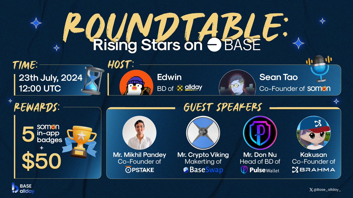Base_allday_'s tweet photo. 🔵 Roundtable: Rising Stars on Base

Join our upcoming #roundtable featuring @SoMon_OwO, @pStakeFinance, @BaseSwapDex, @ThePulseWallet, and @brahmaFi.

We'll explore Base's current and future opportunities and gain insights from the core teams building on the Base ecosystem.

🗓️ 23rd July 2024
⏰ 12:00 UTC

Learn more 👇

#Base_allday_