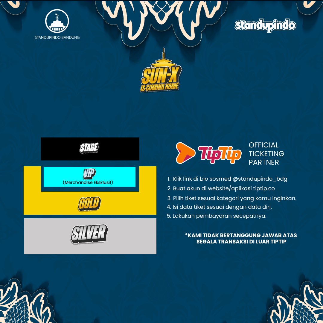 StandupIndoBdg's tweet photo. Barudak Bodor, penjualan tiket early bird #SUNXBDG akhirnya resmi dibuka!! 🤗🥳 

Langsung aja cek website/aplikasi @tiptipid atau bisa klik link di bio kami. Lesgo abisin tiketnya sekarang jugaa!! 😍🔥😍🔥

#SUNXBDG
#ISCOMINGHOME https://t.co/wa6ZMDYTDn