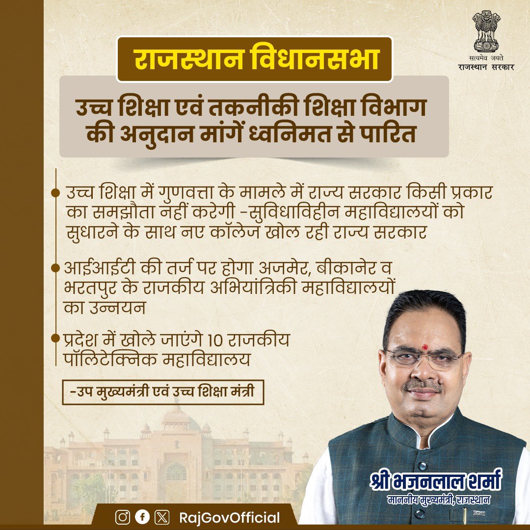RajGovOfficial's tweet photo. विधानसभा में अनुदान मांगों पर हुई चर्चा के बाद उप मुख्यमंत्री एवं उच्च शिक्षा मंत्री डॉ. प्रेम चन्द बैरवा ने जवाब दिया। इसके बाद सदन ने उच्च शिक्षा विभाग की 27 अरब 41 करोड़ 32 लाख 53 हजार रूपए एवं तकनीकी शिक्षा विभाग की 4 अरब 71 करोड़ 16 लाख 33 हजार रूपए की अनुदान मांगें ध्वनिमत से पारित कर दीं। #राजस्थान_सरकार #GovernmentOfRajasthan