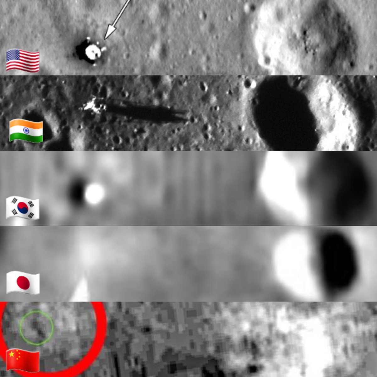 iamkrishradha's tweet photo. 🌕 Apollo 11 Landing site photographed by 5 countries. This is what I mean when I say , India has the best high resolution satellite around moon ( as OHRC on Chandrayaan-2 ).

Such high resolution images, helped ISRO survey and land Chandrayaan-3 on the surface. https://t.co/9GIf2d22lz