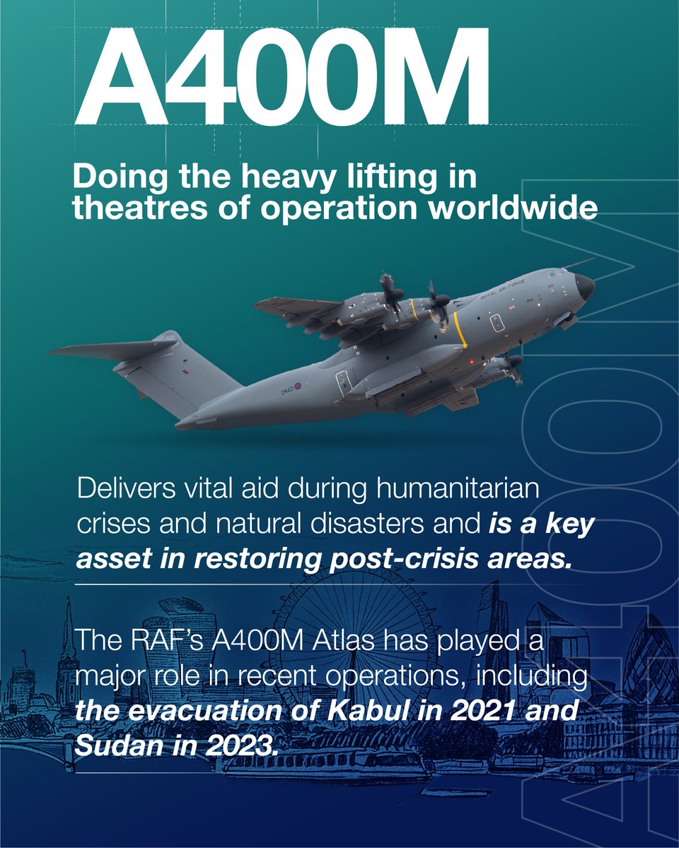AirbusDefence's tweet photo. Great news! The @RoyalAirForce #A400M will again be on our static display at @FIAFarnborough. You can find more information about its unique airlifting capabilities here. 
👉 https://t.co/RMFjMGKWQ6 https://t.co/E7EusgIBsE