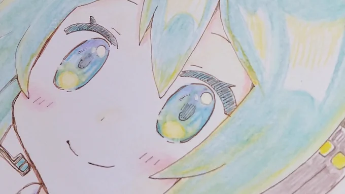 白いペン、瞳の光に使いました 最初はちょっと薄いかなあと思いましたが色鉛筆の絵に馴染むので良いのかもしれません