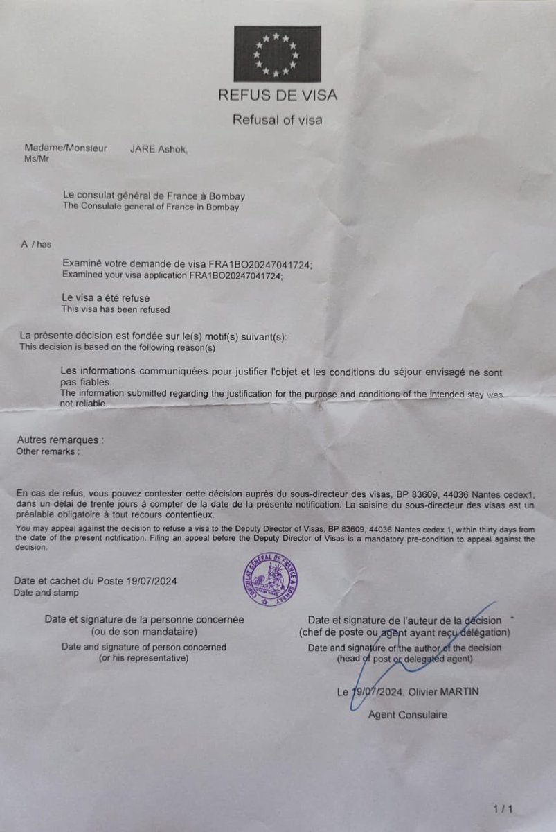 Heartbreaking news: my big brother and uncle's visas were denied by the <a href="/FranceBombay/">Consulate general of France in Mumbai</a> , They’ve confirmed tickets of the event booked in well advance, and this rejection is a huge blow to their dreams. I kindly request the consulate to reconsider, as their sole purpose is to