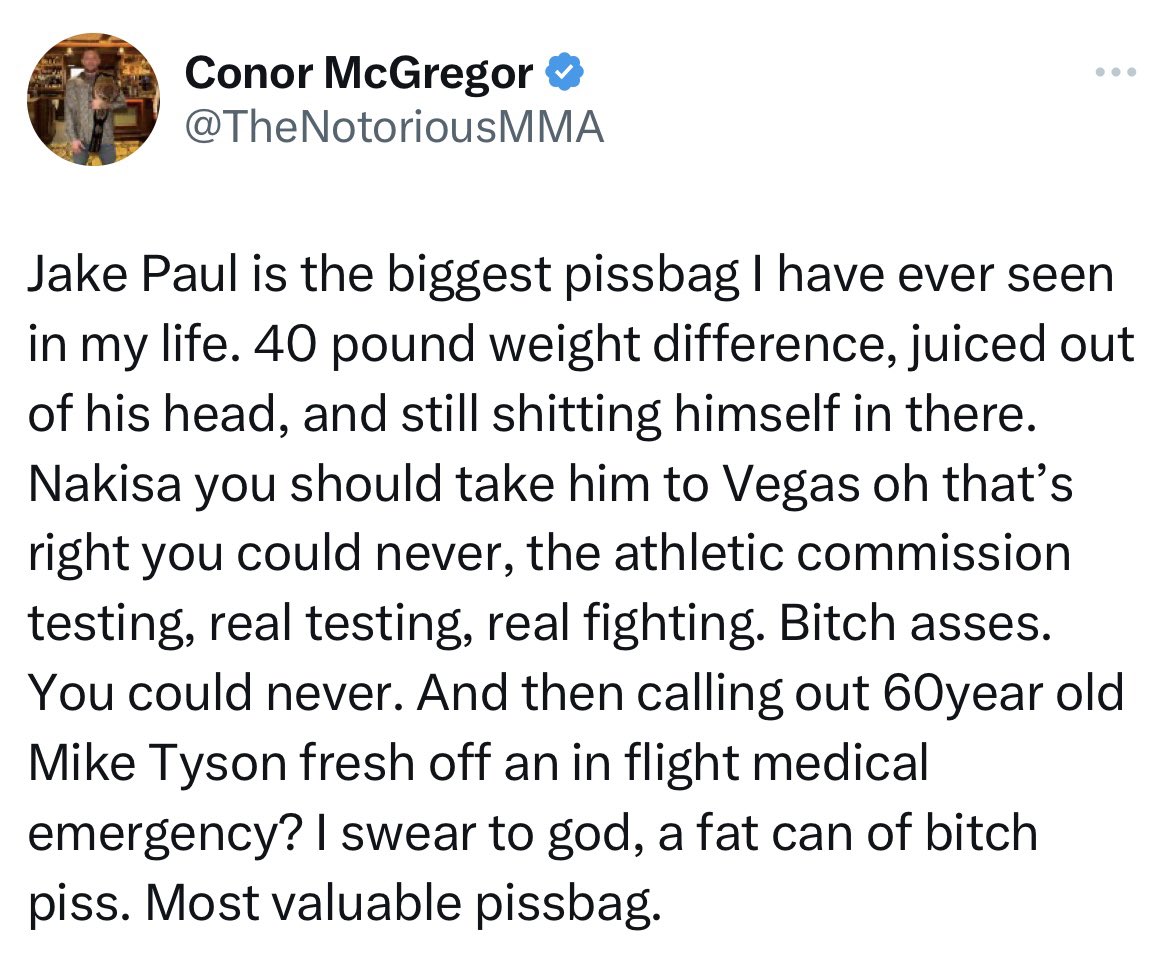 ringmagazine's tweet photo. Conor McGregor reacts to Jake Paul KOing Mike Perry… https://t.co/gcPTI4iIFh