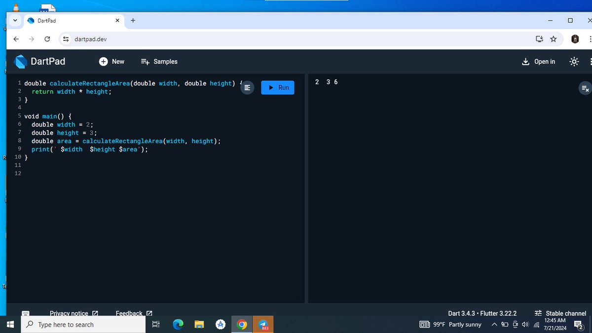 SabnaNoori10952's tweet image. Using dart functions to display the area of ​​a rectangle and two optional parameters, name and job🔛👩🏻‍💻 
#functions
#Dartpad
#flutter 
#AfghanGirls 
@a_daneshyar @CodeToInspire