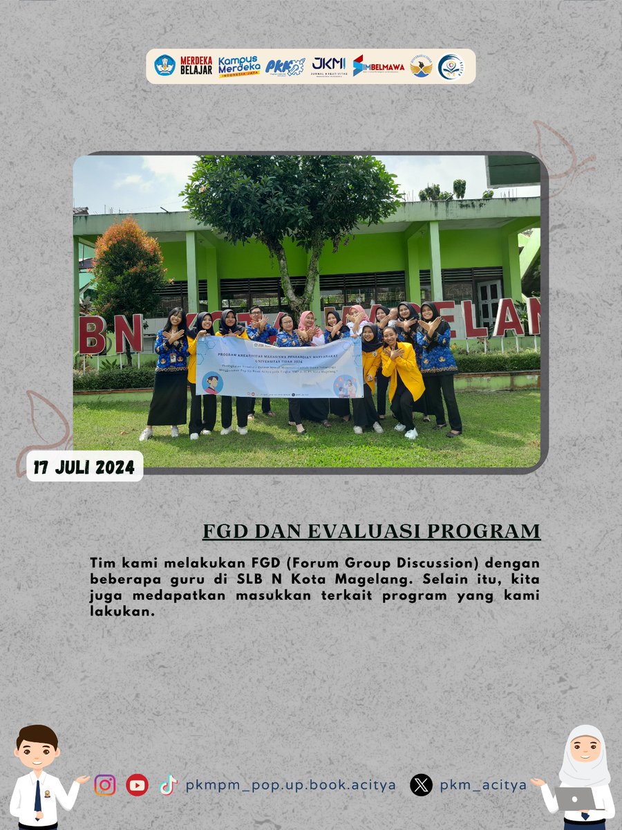 pkm_acitya's tweet photo. [FGD DAN EVALUASI PROGRAM]🚀

Holaaa sobat Aciters🧚🏻‍♀️✨

Pada tanggal 17 Juli 2024 tim kami melakukan beberapa kegiatan di SLB N Kota Magelang, yaitu 
- FGD 
- Penyerahan Pop-Up Book dan Buku Pedoman Mitra
- Pembentukan guru kreatif acitya
- Pembuatan video bahasa isyarat https://t.co/USuuPXmvxo