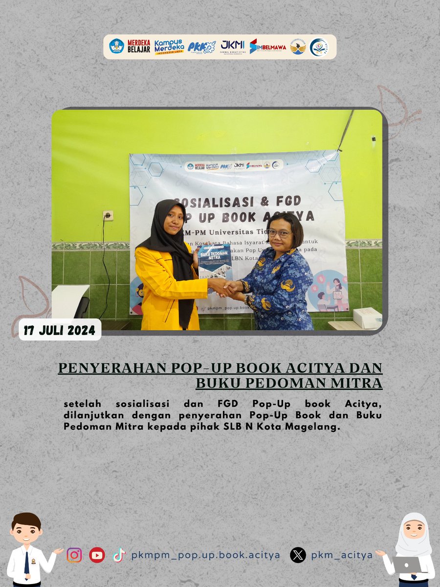 pkm_acitya's tweet photo. [FGD DAN EVALUASI PROGRAM]🚀

Holaaa sobat Aciters🧚🏻‍♀️✨

Pada tanggal 17 Juli 2024 tim kami melakukan beberapa kegiatan di SLB N Kota Magelang, yaitu 
- FGD 
- Penyerahan Pop-Up Book dan Buku Pedoman Mitra
- Pembentukan guru kreatif acitya
- Pembuatan video bahasa isyarat https://t.co/USuuPXmvxo