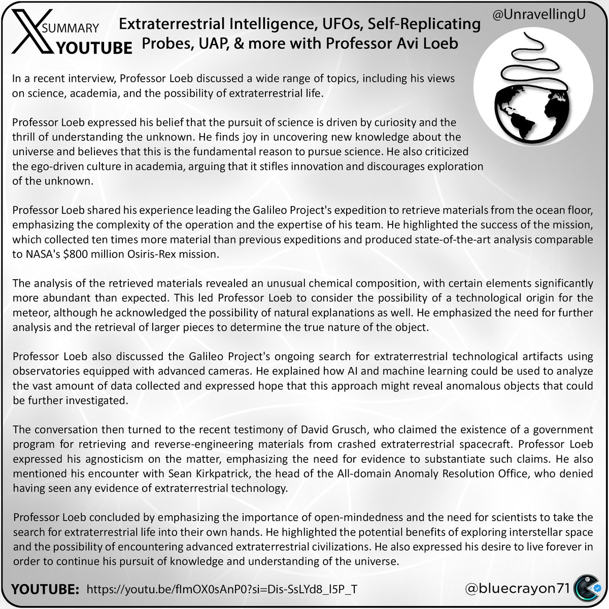 bluecrayon71's tweet photo. Extraterrestrial Intelligence, UFOs, Self-Replicating Probes, UAP, & more with Professor Avi Loeb @UnravellingU
Youtube: https://t.co/n0nnZPXmch
#science #academia #extraterrestriallife #GalileoProject #interstellarobjects #AI #machinelearning #UAP #DavidGrusch #SeanKirkpatrick https://t.co/vmU4EP6VKy