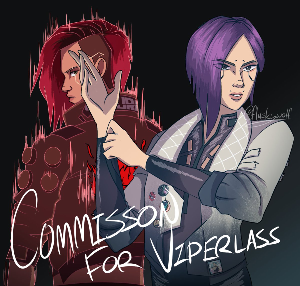 realfluskywolf's tweet image. Songbird &amp;amp; V.

Just realized yesterday is @minjeeeezy &amp;amp; @CheramiLeigh 's birthdays xD. Just in time to show this commission. 

Commission for Viperlass on instagram. Thank you for commissioning me!! #SongSoMi #songbird #FemaleV
#cyberpunk2077 #PhantomLiberty