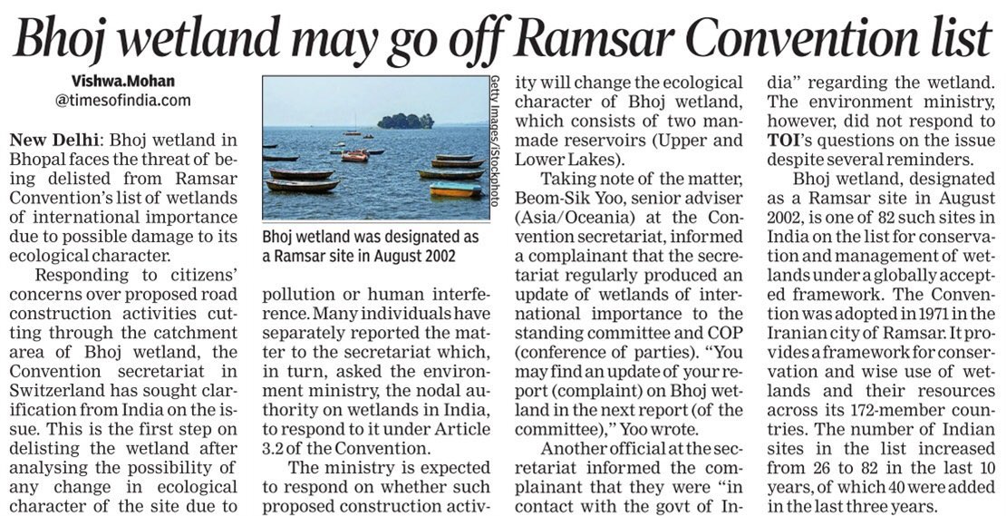 vishwamTOI's tweet photo. TOI on July 10 reported that #Bhoj #wetland faces the risk of being delisted from the global list due to possible damage to its ecological character. It is apprehended the proposed road project cutting through the catchment area will threaten the wetland & other water bodies. https://t.co/wOhWa8YmEF