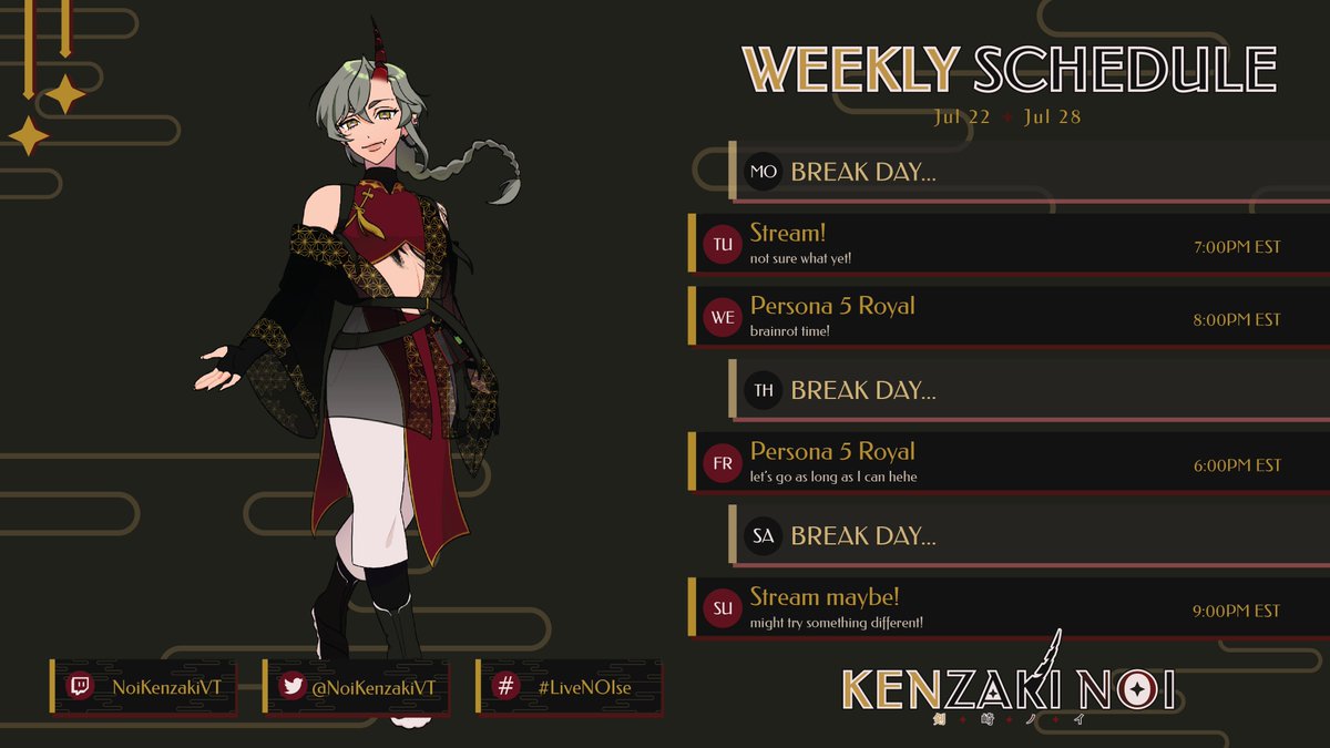 NoiKenzakiVT's tweet photo. Schedule for 7/22 - 7/28 πβ¨
Let's face it, I'm a Persona streamer atp. I don't know what to play if not Persona XD
AND PEEP THE NEW OFFICIAL ART!! THANKS ARTIST-SISTER
Twitch: https://t.co/tRXhgGHron
Live Tag: #LiveNOIse
Art Tag: #KenzARTki https://t.co/a417cZmnnR
