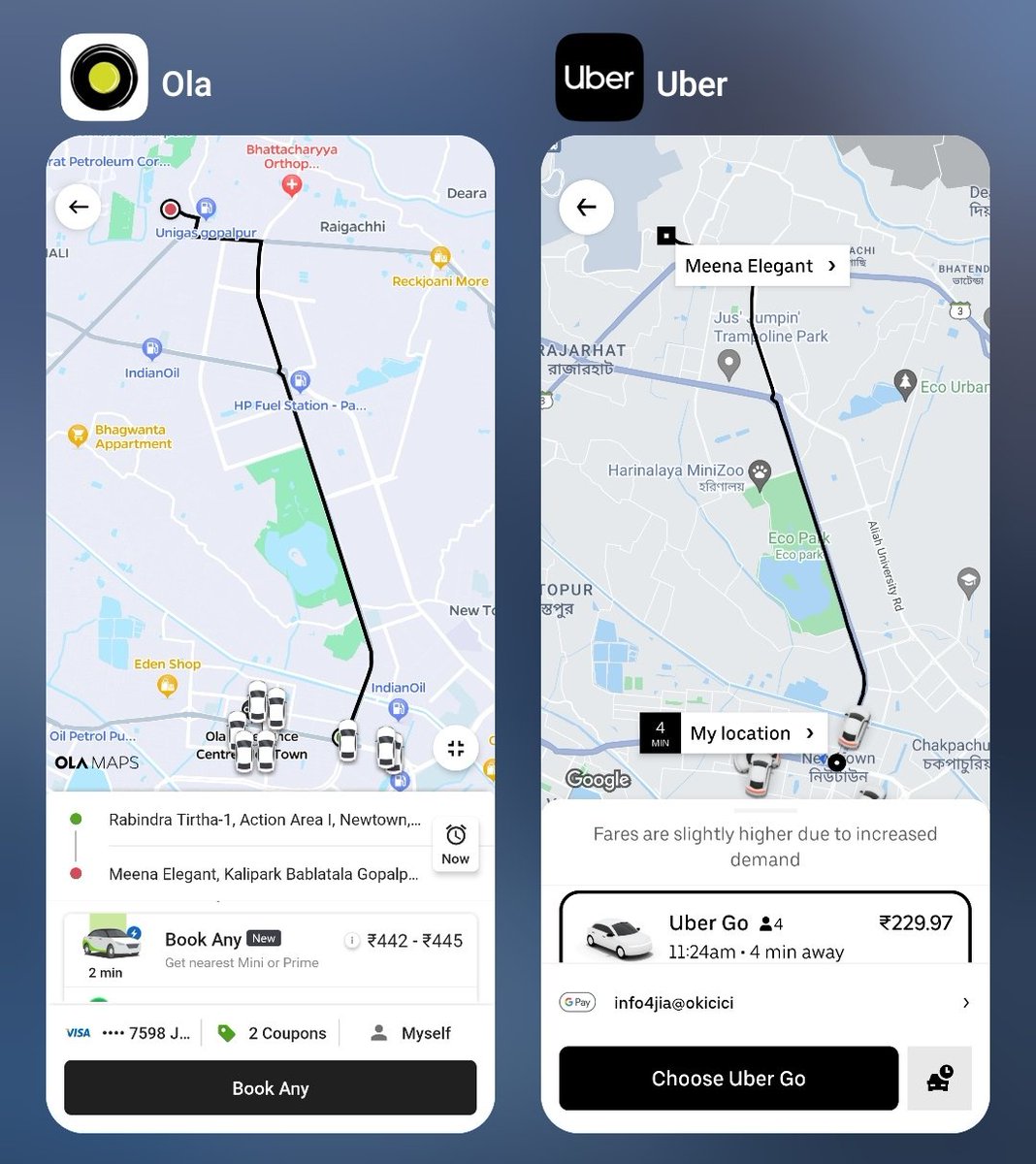 Dear <a href="/Olacabs/">Ola</a>,
Stop looting like this, where <a href="/Uber/">Uber</a> <a href="/Uber_India/">Uber India</a> <a href="/Uber/">Uber</a> <a href="/UberIN_Support/">Uber India Support</a> <a href="/Uber_Support/">Uber Support</a> is offering the trip at 229 INR there <a href="/ola_supports/">Ola Support</a> is offering at 442 INR; just double fare. This is ridiculous. Avoid <a href="/Olacabs/">Ola</a>. ❌❌🚫❌❌