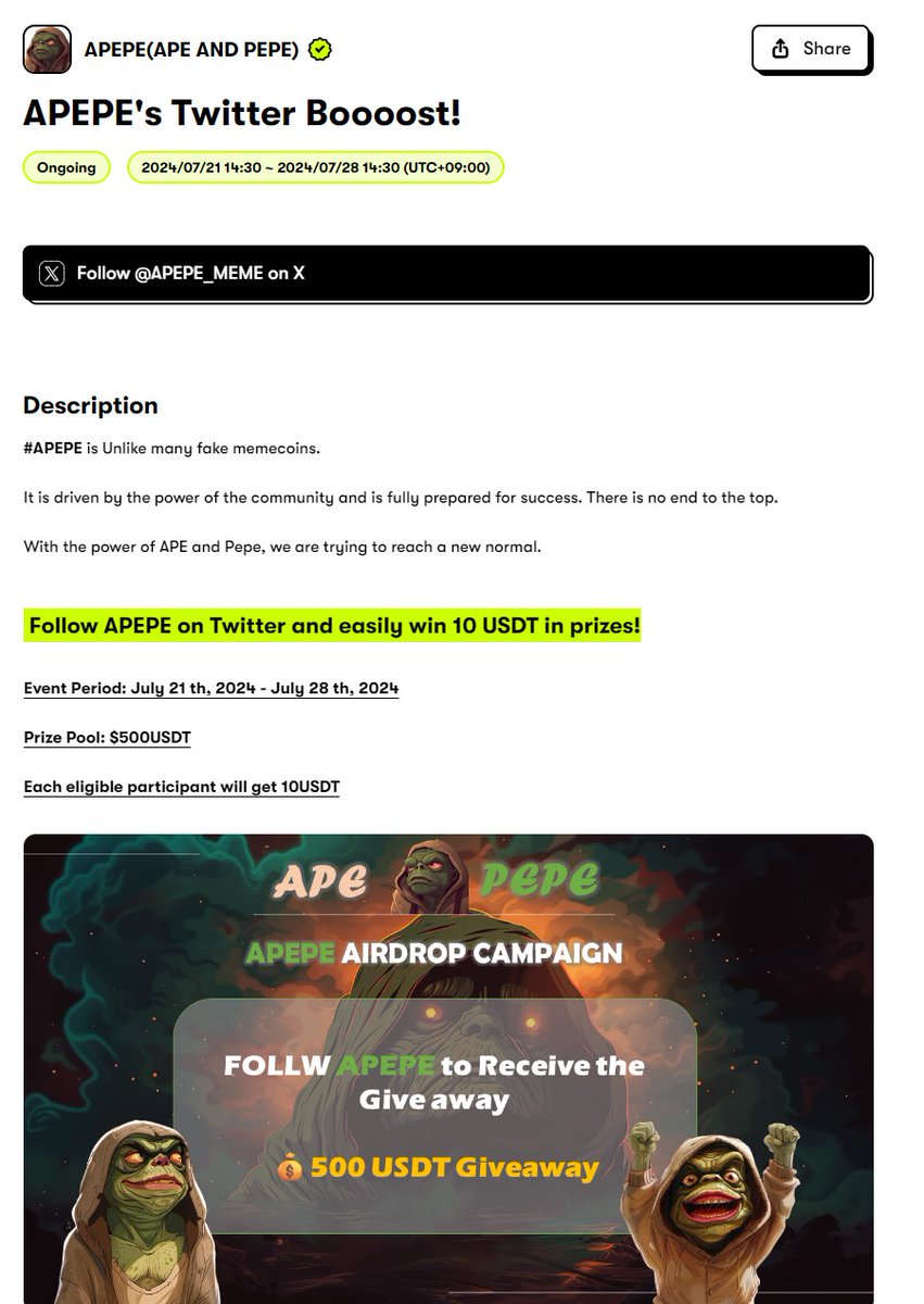 apepeofficial's tweet photo. 🚀APEPE's Twitter Boooost!🚀

🏦 Event Period: July 21 th, 2024 - July 28 th, 2024

💰Prize Pool: 

🔸$500USDT

🔸Each eligible participant will get 10USDT

Follow APEPE on Twitter and easily win 10 USDT in prizes!

📌https://t.co/AxwgKOzWVz https://t.co/S2GdquD2Fg