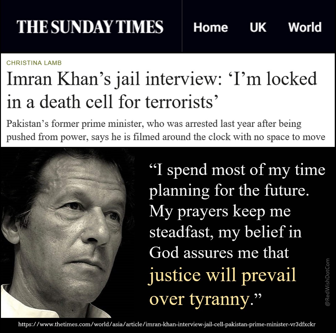PTIofficial's tweet photo. Imran Khan is keeping his moral high by keeping fit and reading extensively. His resolve and faith is unshakable as he insists he will be back.

"I spend most of my time planning for the future. Despite being caged, the entire country looks to me for hope and resilience." 

#IKinSundayTimes