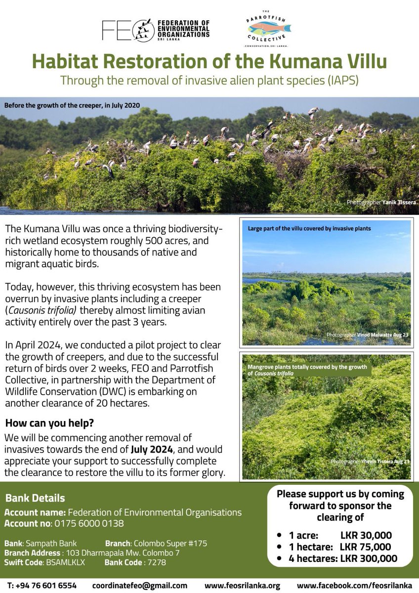 Namalkamalgoda's tweet photo. Talk is cheap. This is your opportunity to actually help the environment. Please contribute to the habitat restoration of Kumana Villu. https://t.co/GjumEdjlNB