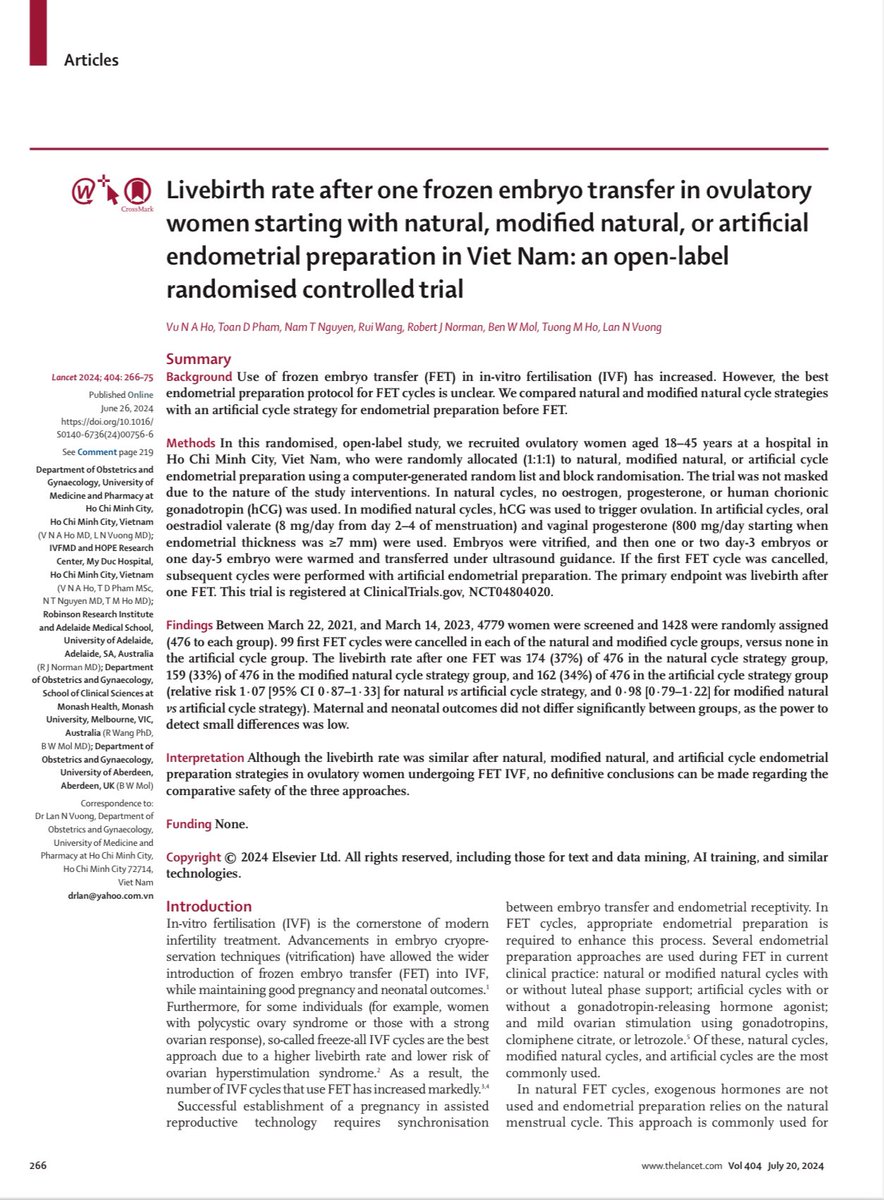 MONART study is in current issue of The Lancet, July 20, 2024. There were no significant differences in outcomes, between three preparation prototols for FET.