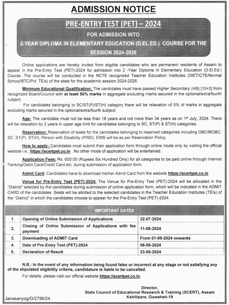 ranojpeguassam's tweet photo. Students interested to pursue the 2-year Diploma in Elementary Education (D.El.Ed) for 2024-26 session can submit their applications for the Pre-Entry Test (PET)-2024 by visiting the website: https://t.co/B84iJmiFiO.

Last date is August 11, 2024. https://t.co/HwuvNVJVuN