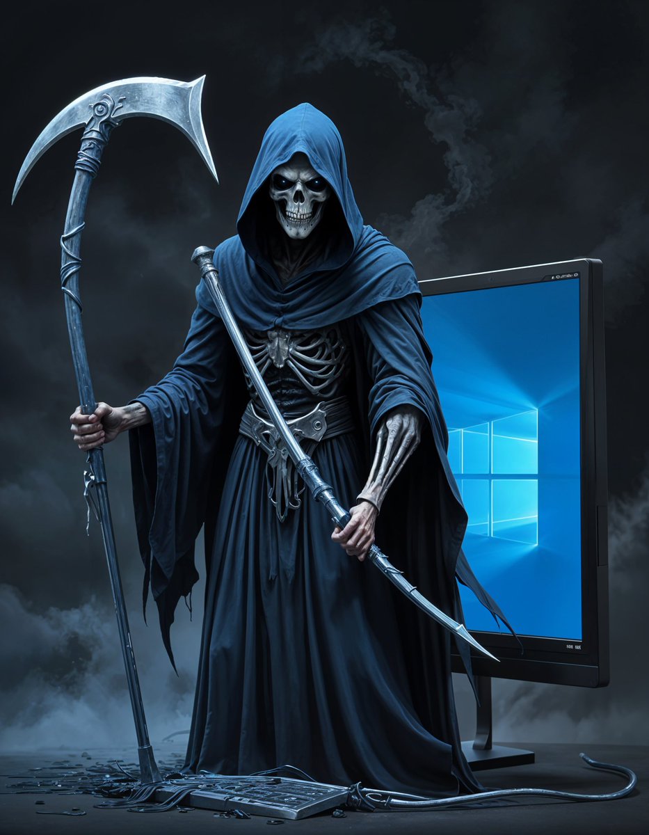 MinistarSamuel's tweet photo. Made some images🌟
Seems the Grim Reaper took a shortcut, paid Microsoft a visit.
#RIPBlueScreen #WindowsDownForTheCount
#TheGrimReaperOfTech #BlueScreenOfDeath #BlueScreen #BCOD #Microsoft #Windows11Who #DigitalGrimReaper #AIArt https://t.co/aPBJDmFC2r