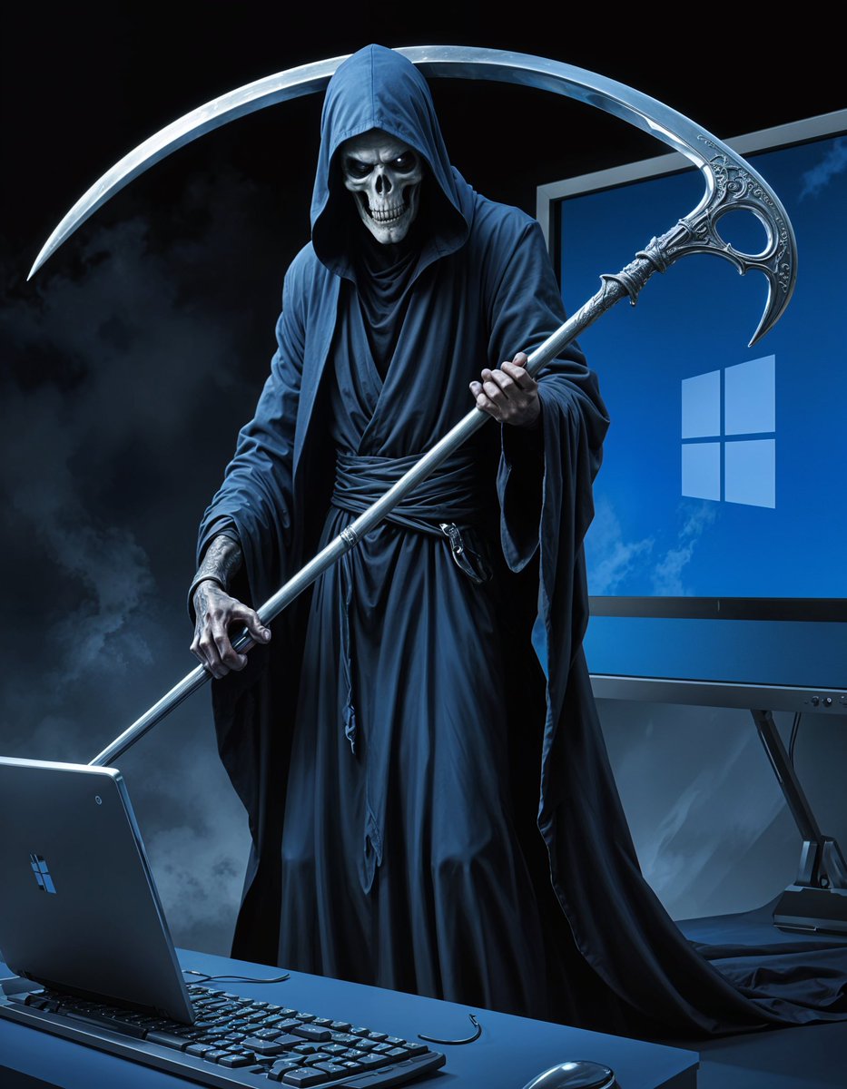 MinistarSamuel's tweet photo. Made some images🌟
Seems the Grim Reaper took a shortcut, paid Microsoft a visit.
#RIPBlueScreen #WindowsDownForTheCount
#TheGrimReaperOfTech #BlueScreenOfDeath #BlueScreen #BCOD #Microsoft #Windows11Who #DigitalGrimReaper #AIArt https://t.co/aPBJDmFC2r
