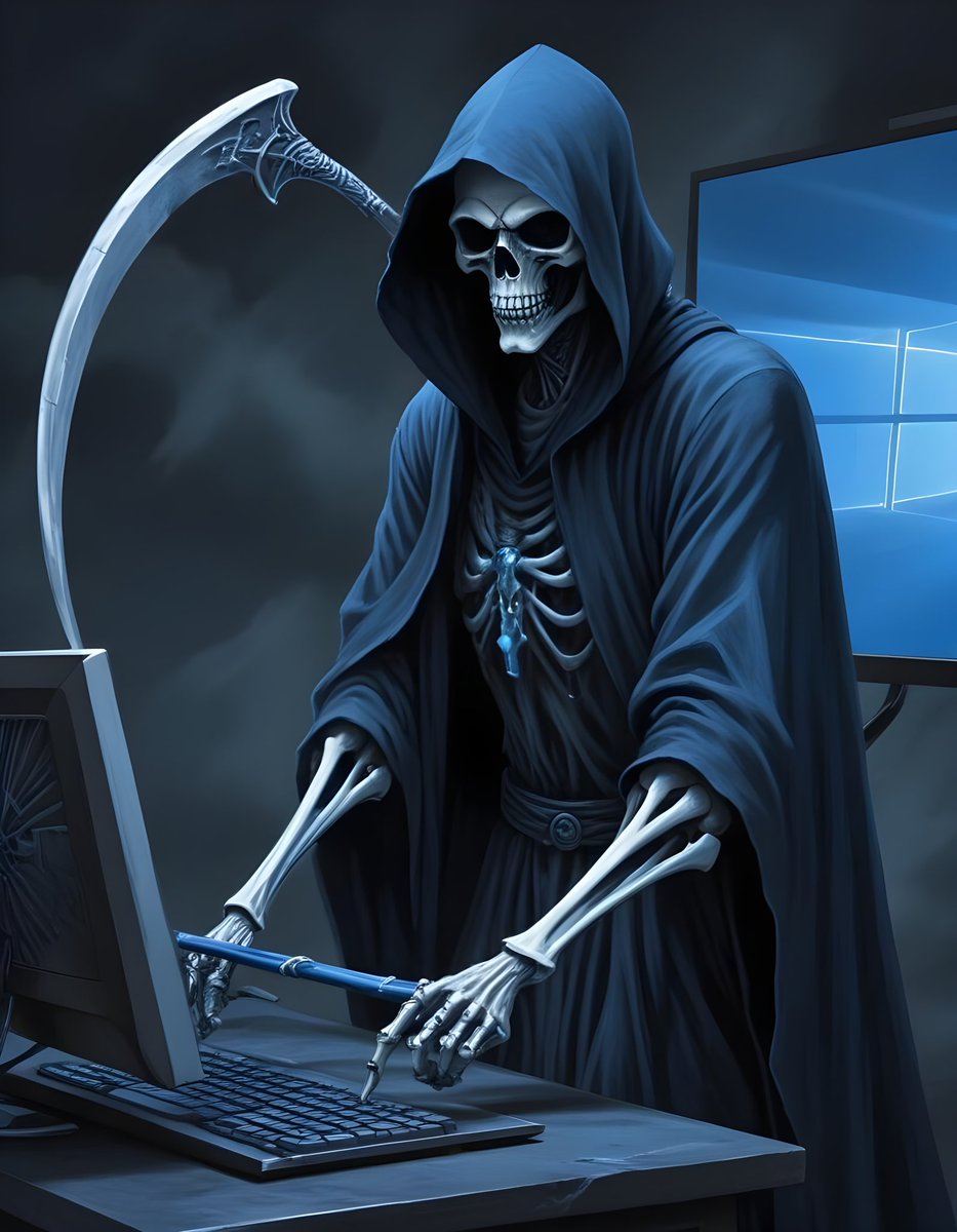 MinistarSamuel's tweet photo. Made some images🌟
Seems the Grim Reaper took a shortcut, paid Microsoft a visit.
#RIPBlueScreen #WindowsDownForTheCount
#TheGrimReaperOfTech #BlueScreenOfDeath #BlueScreen #BCOD #Microsoft #Windows11Who #DigitalGrimReaper #AIArt https://t.co/aPBJDmFC2r