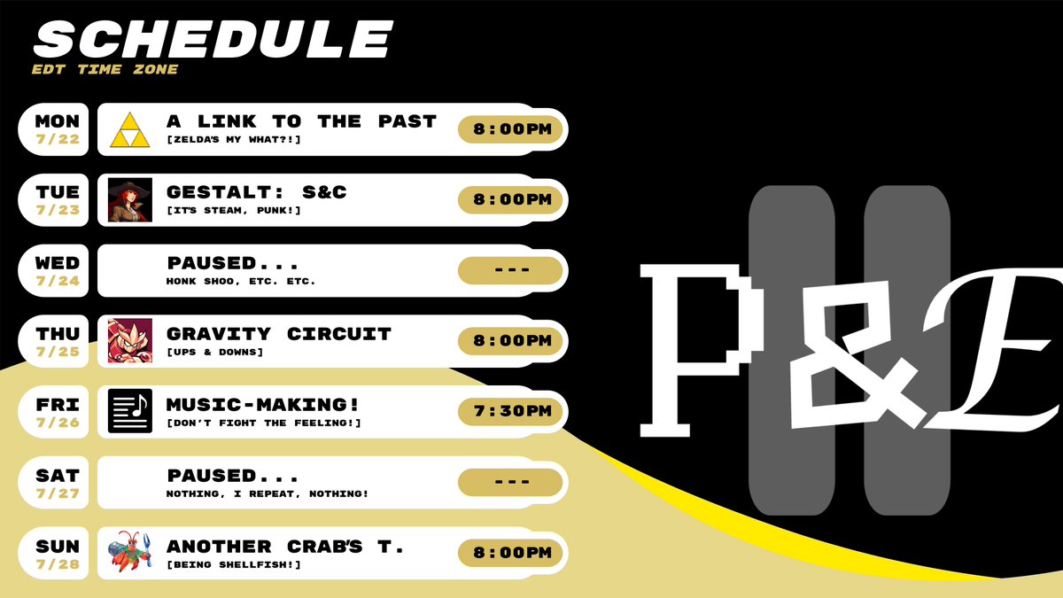 pauseeffectyt's tweet photo. I'm switching things up this week for the sake of variety, and a fresh perspective is always nice, y'know? I got #ZeldaALttP, #gestaltsteamandcinder , #GravityCircuit, and #anothercrabstreasure on deck, plus I'll be making some music live again (or fail trying)! See you there! https://t.co/Rlvx6143Hk