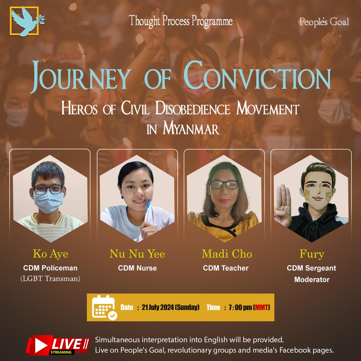 peoplesgoal2022's tweet image. ✊1270th Day of Civil Disobedience Movement in #Myanmar. And we will listen to our heros tonight !!

Tune in to get updates/recommendations from ground - 7PM Rangoon ✅ Eng- Burmese 🔗
us06web.zoom.us/j/89775799806

#PeoplesGoal #ThoughtProcessProgram #WhatshappeninginMyanmar