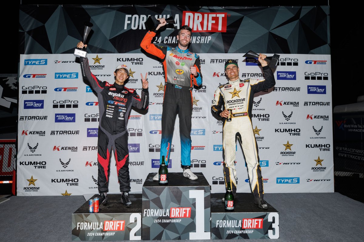 FormulaDrift's tweet photo. What. A. Night. Your PRO Podium after an insane RD 5.

🥇 @JamesDeane130
🥈 Hiroya Minowa
🥉 @FredricAasbo

Thank you, St. Louis!

#FormulaD #FormulaDRIFT #FDSTL https://t.co/RhWX0eOddy