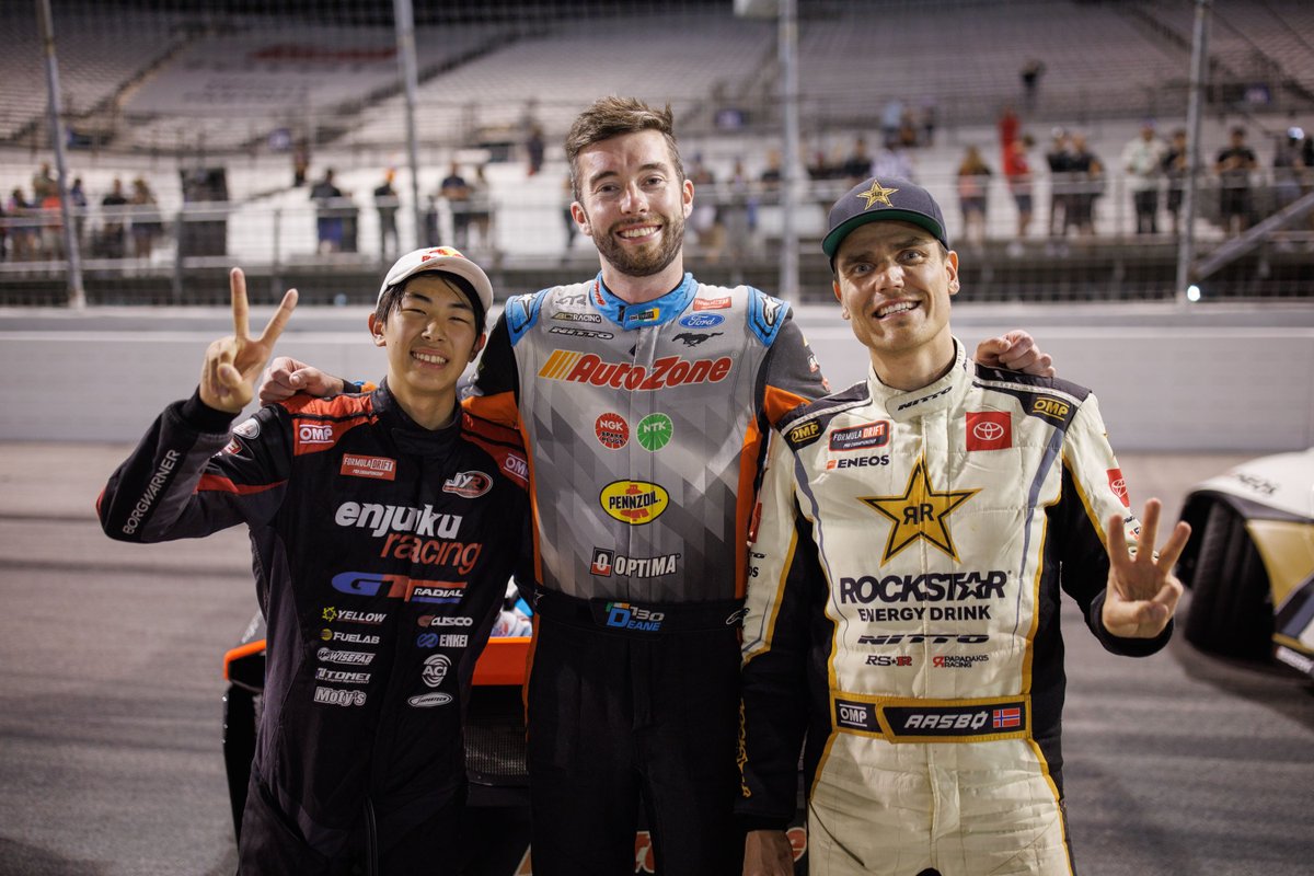 FormulaDrift's tweet photo. What. A. Night. Your PRO Podium after an insane RD 5.

🥇 @JamesDeane130
🥈 Hiroya Minowa
🥉 @FredricAasbo

Thank you, St. Louis!

#FormulaD #FormulaDRIFT #FDSTL https://t.co/RhWX0eOddy