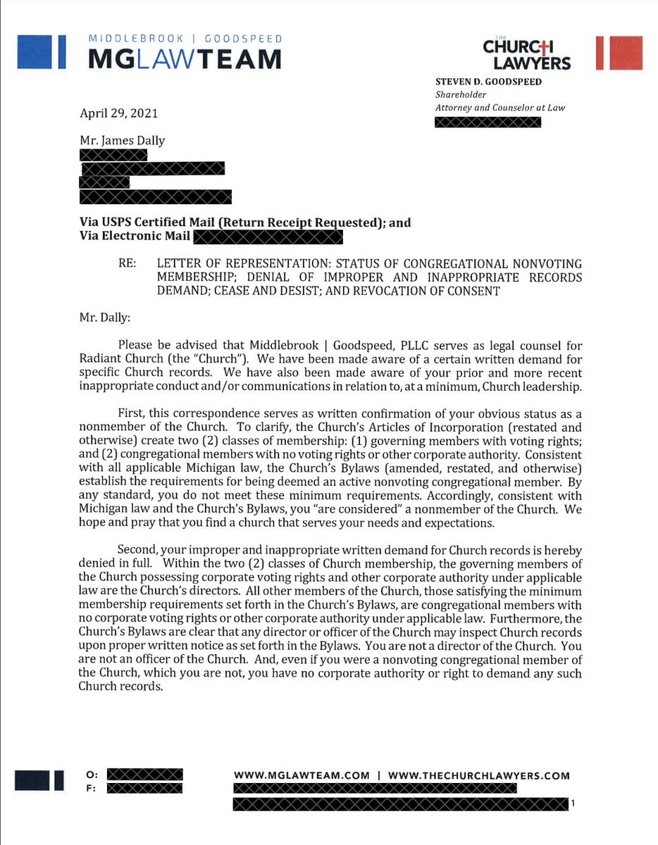 alterofinquiry's tweet photo. My understanding is that one of Radiant's major donors requested financial clarity under Michigan non-profit law (https://t.co/BewAda6Uhq). The church's response? They threatened and banned him in an abusive letter from the same law firm representing @gatewaypeople. @leecummings, did you, or your "Apostolic" Overseers approve of this letter? When pastors get this worked up over financial requests, it’s often a dead giveaway of misconduct. Interesting aside: Gateway's former pastor, Robert Morris, has a net worth of $117M, potentially equal to half the church's assets, per IRS filings. #AntiApostles #DonorsBeware #FollowTheLawyers