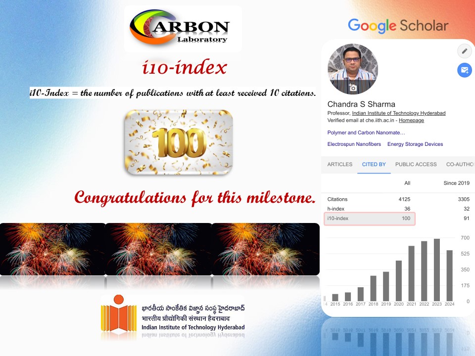 Chans2k2's tweet photo. #CarbonLab @IITHyderabad crosses another milestone.
i-10 index for #CarbonLab is now 100.
Congratulations!!!
In simple words, it means that out of 155 international peer-reviewed publications from #CarbonLab, 100 publications have at least 10 citations or more. https://t.co/LvlmJDisRl