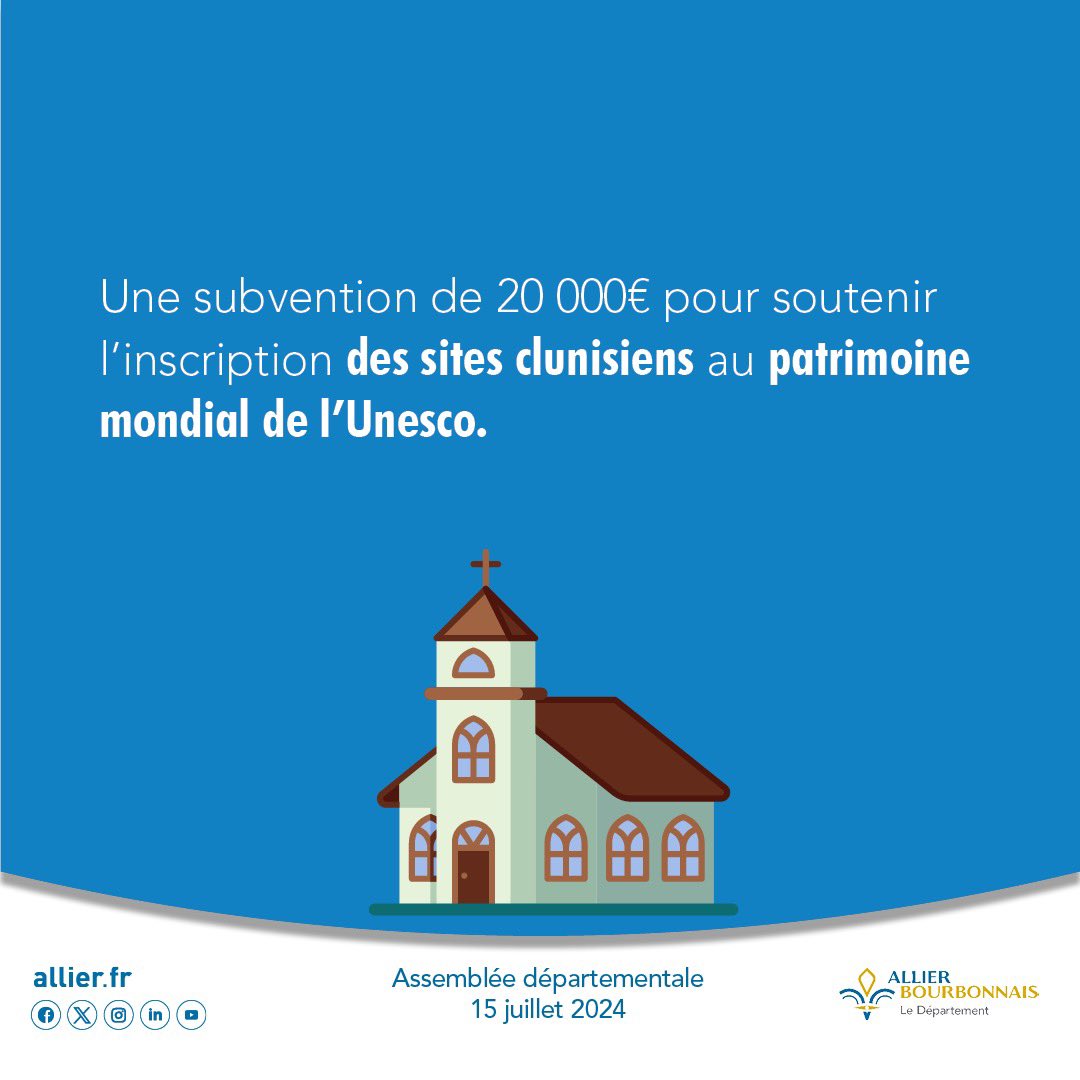 Allierdpt's tweet photo. [#Session départementale]

Depuis 2018, la Fédération européenne des sites clunisiens (FESC) travaille sur un dossier de candidature pour inscrire les monuments au patrimoine mondial de l'Unesco. Parmi ces 110 sites, 6 se trouvent dans l’Allier.

#unesco #siteclunisiens https://t.co/gtKvx3T8g8