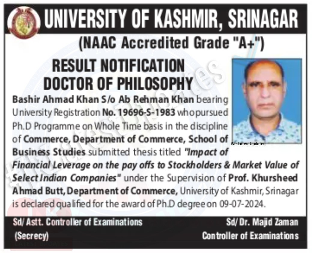 JkLatestUpdates's tweet photo. [University of Kashmir]
.
.
>> Award of Doctor of Philosophy (Ph.D) Degree Bashir Ahmad Khan. #JkLatestUpdates
.
.
#BashirAhmad https://t.co/M6UwrqbnQV