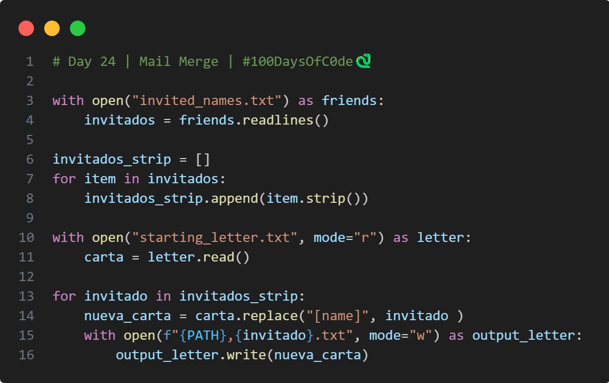 SKPython3's tweet photo. Day 24 out of #100DaysOfCode with #Python!

Today I made a "Mail Merge" project. Pretty simple.

Here´s my code! https://t.co/4JgMg3ACbr