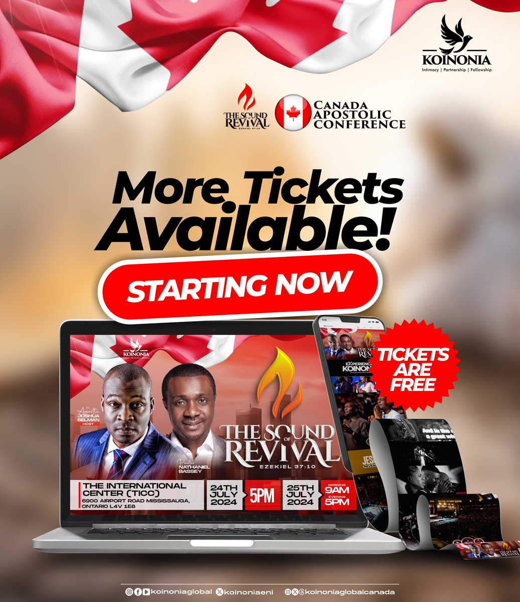 koinoniaeni's tweet photo. AVAILABLE TICKETS AND SEATS FOR SOUND OF REVIVAL CONFERENCE CANADA 🇨🇦 

Precious Saints in CANADA, 🇨🇦 

We are pleased to announce available seats and tickets for the Sound of Revival Conference Canada. 

Kindly invite your friends and loved ones to join us for an outpouring of the spirit of God. 

DATE:  
Wednesday - July 24th, 2024 
Time: 5pm 

Thursday -  July 25th, 2024
Morning Session : 9am
Evening Session: 5pm 

Secure your tickets via Registration Link below 👇 
https://t.co/P6QdXxY7N4

God bless you.