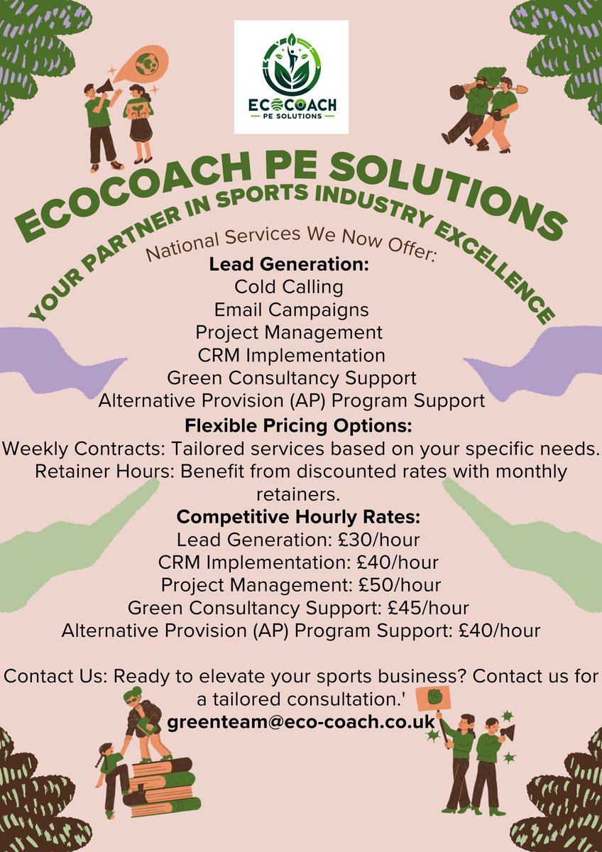 ecocoachcic's tweet image. 🚀 Exciting News! Launching Our National Green Sports Services! 🌍🏅

EcoCoach offers:

Lead Gen: £25/hr
CRM: £40/hr
AP Support: £40/hr
Project Mgmt: £50/hr
Green Consultancy: £45/hr
Flexible contracts available! Contact us for a tailored consultation today.

#EcoCoach #LeadGen