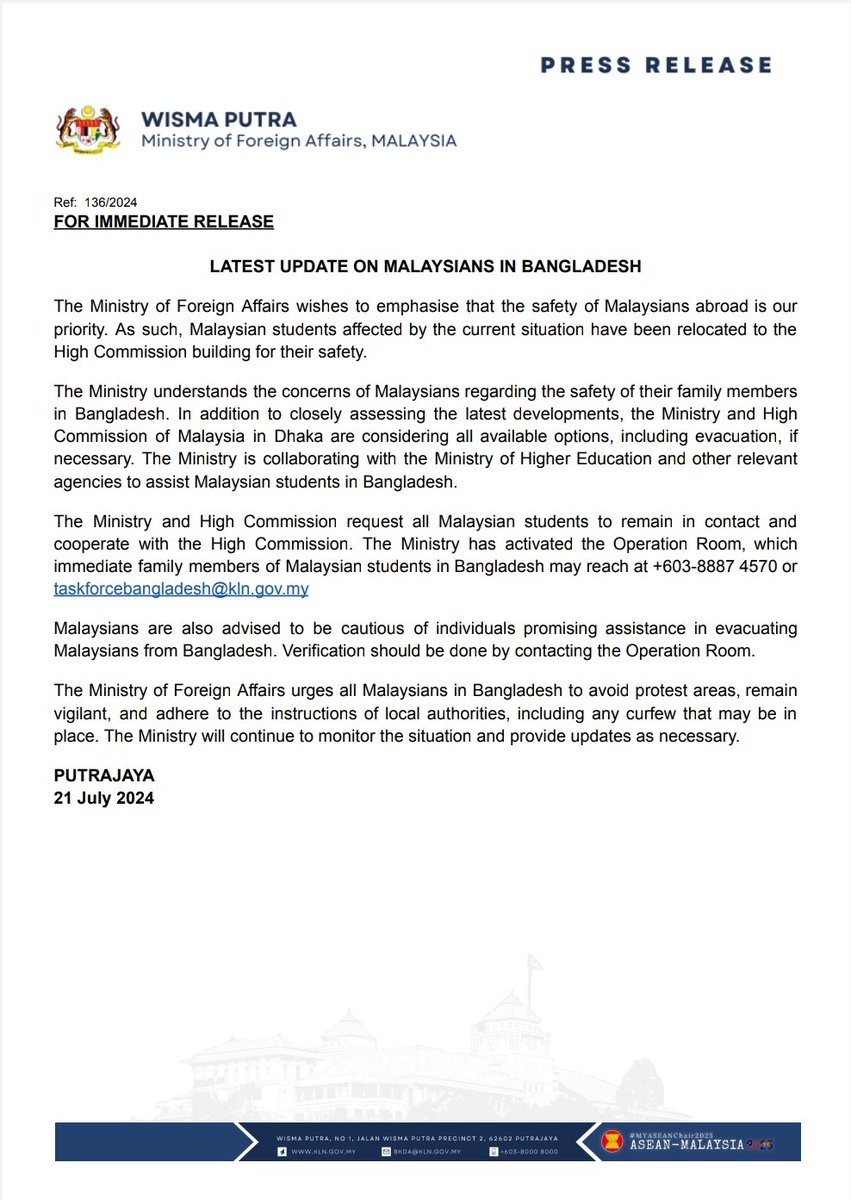 MalaysiaMFA's tweet photo. PRESS RELEASE: LATEST UPDATE ON MALAYSIANS IN BANGLADESH https://t.co/LbIFyyUNom