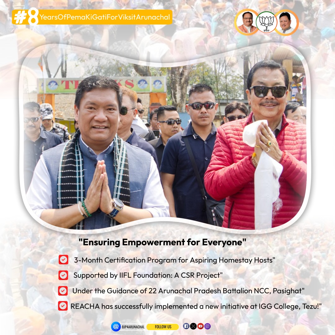 BJP4Arunachal's tweet photo. Over these 8 years of #PemaKiGati, HCM Shri @PemaKhanduBJP ji has diligently worked to empower everyone with a sense of shared responsibility.

Under the guidance of the 22 Arunachal Pradesh Battalion NCC, Pasighat, REACHA has successfully implemented a new 3-Month Certification Program for our aspiring Homestay Hosts at IGG College, Tezu, which is being supported by IIFL Foundation.

@BJP4India @narendramodi @JPNadda @BiyuramWahgeBJP @TheAshokSinghal