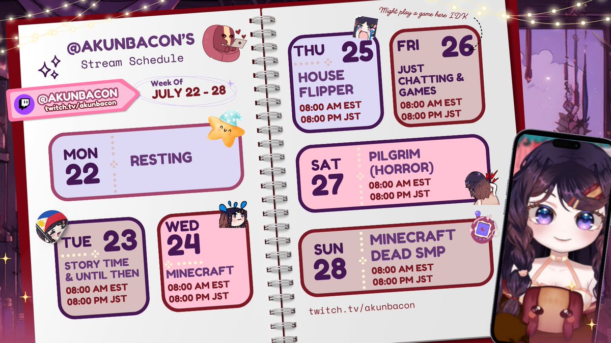 AkunBacon's tweet photo. Schedule for this week~! (づ  ̄ ³ ̄)づ🥓
━━✫・*。
🥓General: #Akunbacon
🥓LIVE: #BaconLIVE
🥓Art: #AkunARTbacon
⌜#ENVtubers • #Vtubers • #VTuberUprising⌟ https://t.co/SP0DhN5Zws