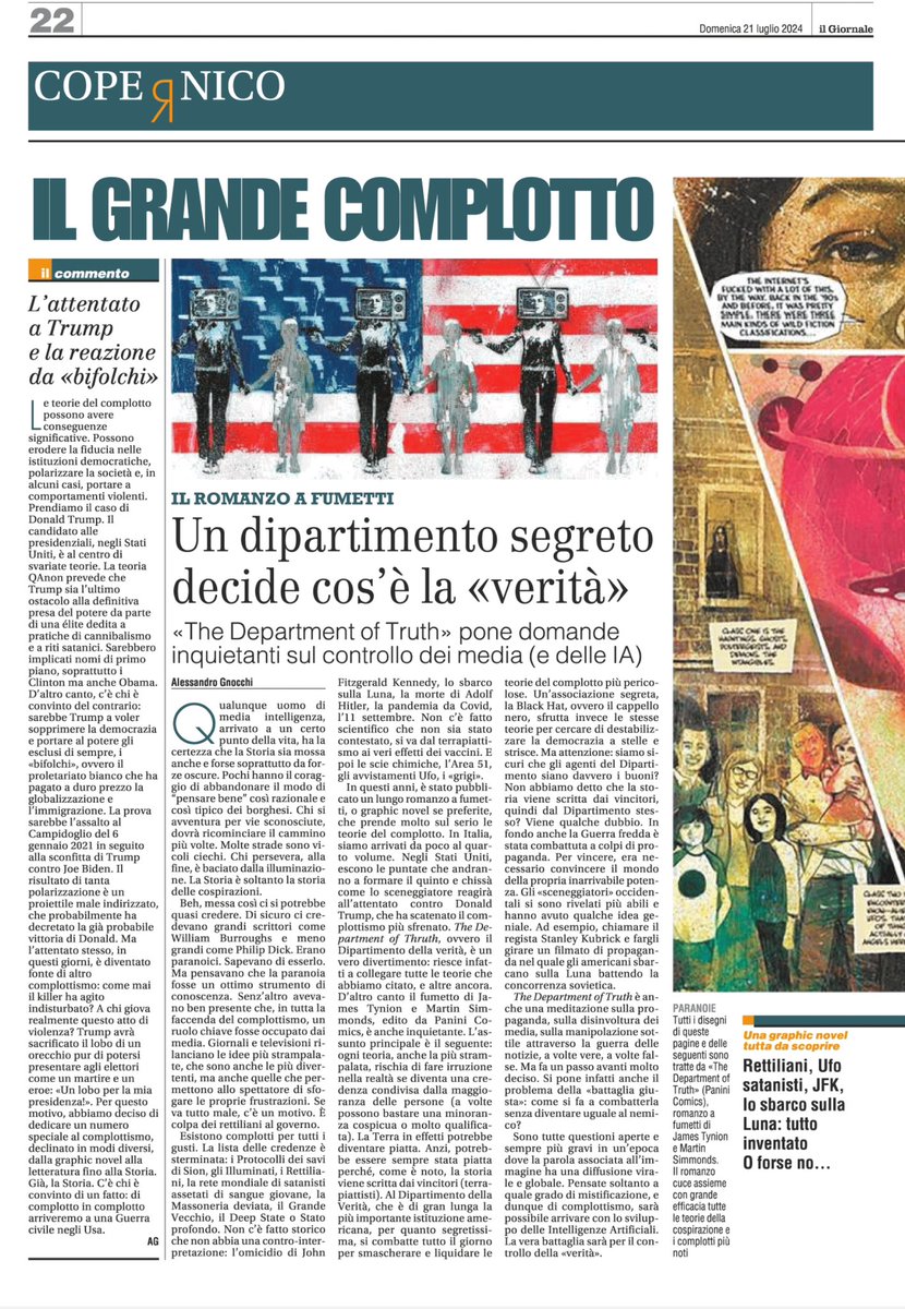 Quattro pagine di speciale complottismo sul Giornale di oggi.