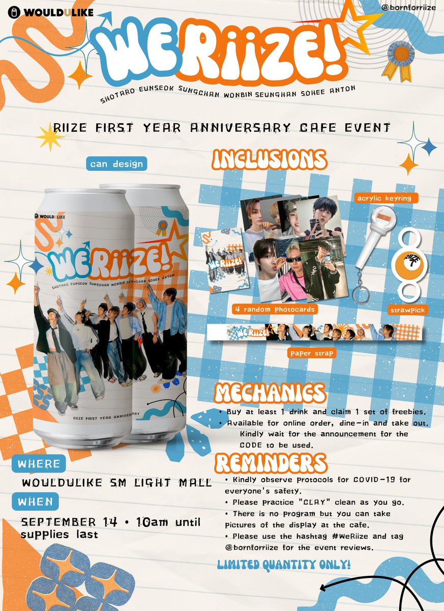 bornforriize's tweet photo. RIIZE 1st Anniversary Cafe Event: WE RIIZE!
🧡Sept 14 Saturday
🧡WouldULike Coffee SM Light Mall
🧡Order One (1) Cold Drink to get the Can + Freebies
🧡Limited Quantity only
#RIIZE #WERIIZE #1YearWithRIIZE https://t.co/l408H78rH7